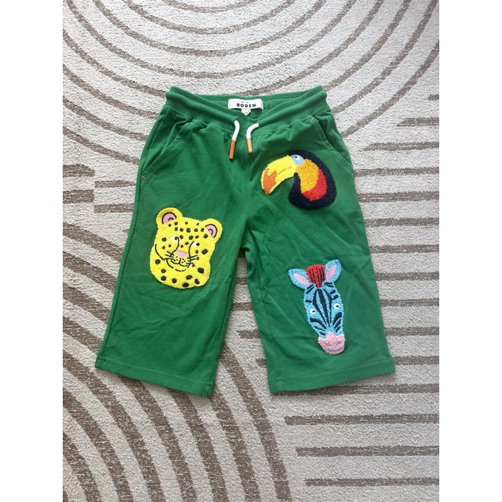 Mini Boden Baggies Shorts Boys 7/8 Embroidered Animal Patch Green Organic Cotton
